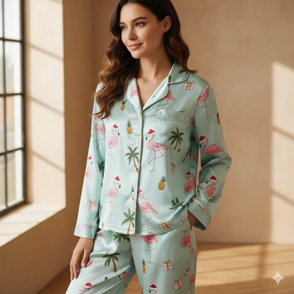 Tropical Flamingo Christmas Satin Pajamas Set, Palm Tree Holiday PJs, Beach Christmas Loungewear, Matching Family Xmas Sleepwear 9c48f206-b467-4e58-9155-363914d3b8fb-11.png
