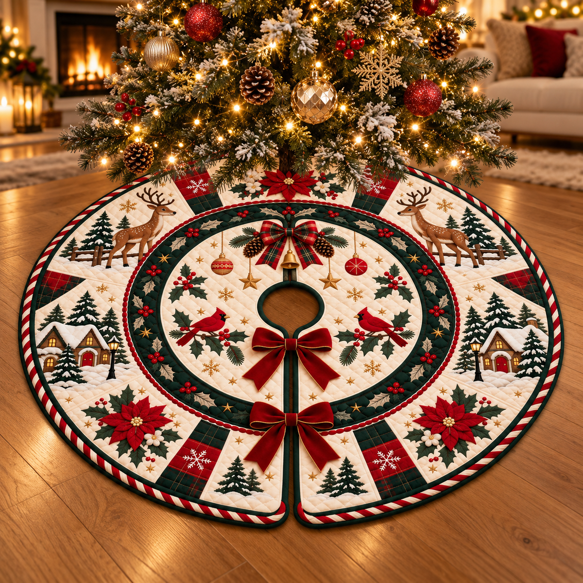 Quilted Christmas Tree Skirt, Reindeer Cardinal Tree Skirt, Poinsettia Winter Decor, Red Green Plaid Rustic Holiday Tree Mat 9c977873-f706-4f8e-9429-5970ef33b196-Heirloom-quilted-Christmas-tree-skirt-1.png