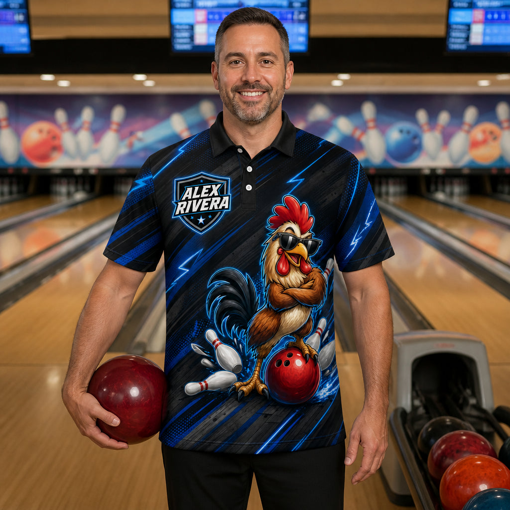 Personalized Striking Rooster Bowling Polo Shirt – Custom Name, All-Over Print