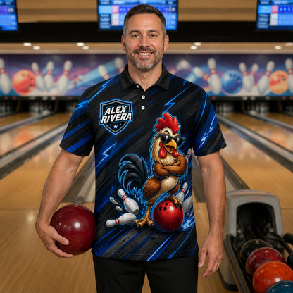 Personalized Striking Rooster Bowling Polo Shirt – Custom Name, All-Over Print
