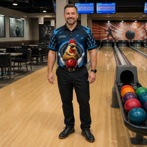 Personalized Rooster Bowling Polo Shirt – Custom Name, All-Over Print