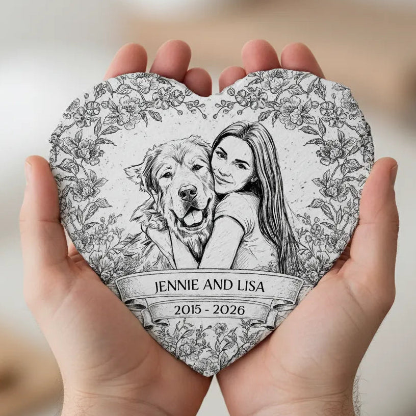 Custom Photo Pencil Sketch Forever Loved Dog Cat Portrait - Personalized Heart Memorial Garden Stone