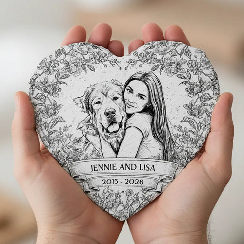 Custom Photo Pencil Sketch Forever Loved Dog Cat Portrait - Personalized Heart Memorial Garden Stone
