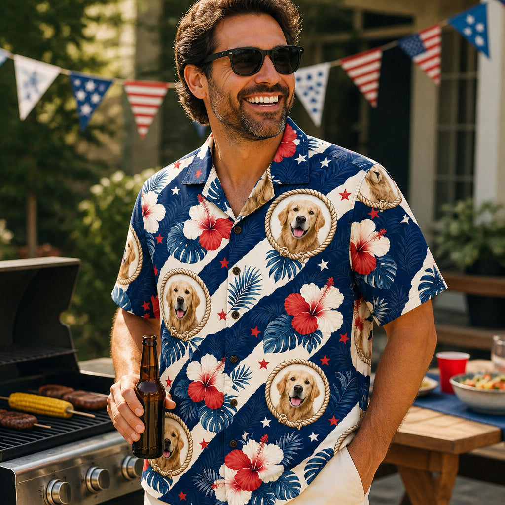 Custom Pet Face Patriotic Hibiscus Hawaiian Shirt - Lifestyle 2