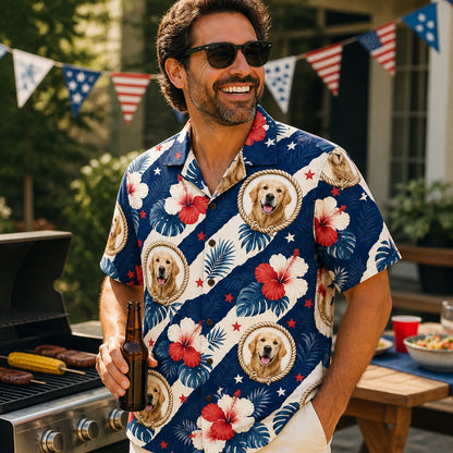 Custom Pet Face Patriotic Hibiscus Hawaiian Shirt - Lifestyle 2