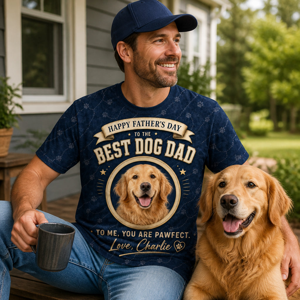 Happy Father’s Day Best Dog Dad – Pet Photo & Name AOP Tee - Lifestyle 1