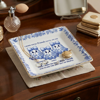 Cute Ghost Bestie Friends Until We Die Toile De Jouy Pattern - Personalized Ring Dish