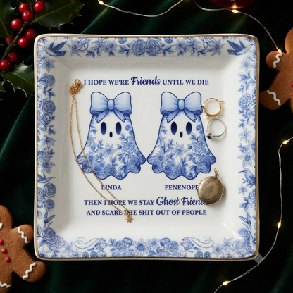 Cute Ghost Bestie Friends Until We Die Toile De Jouy Pattern - Personalized Ring Dish