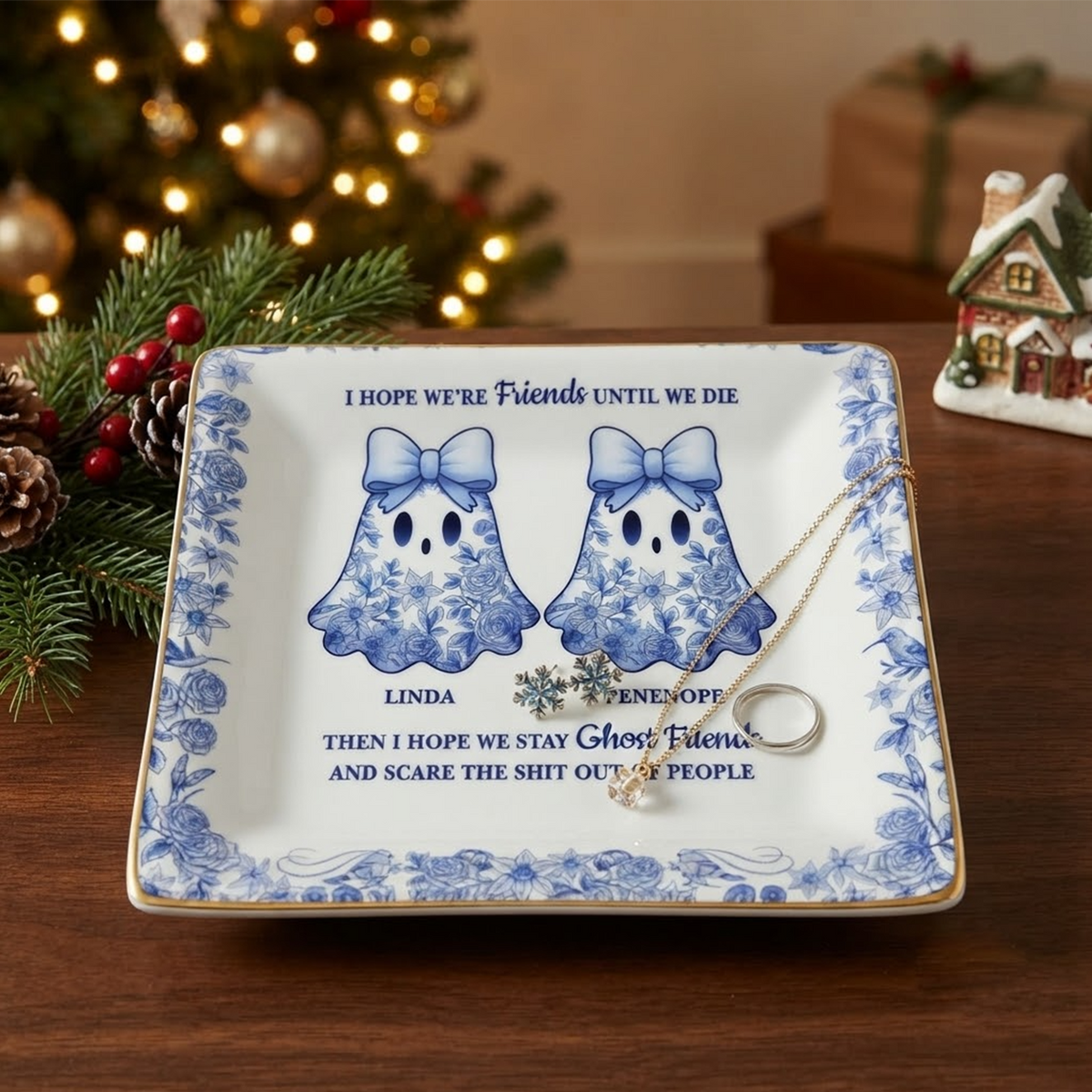 Cute Ghost Bestie Friends Until We Die Toile De Jouy Pattern - Personalized Ring Dish