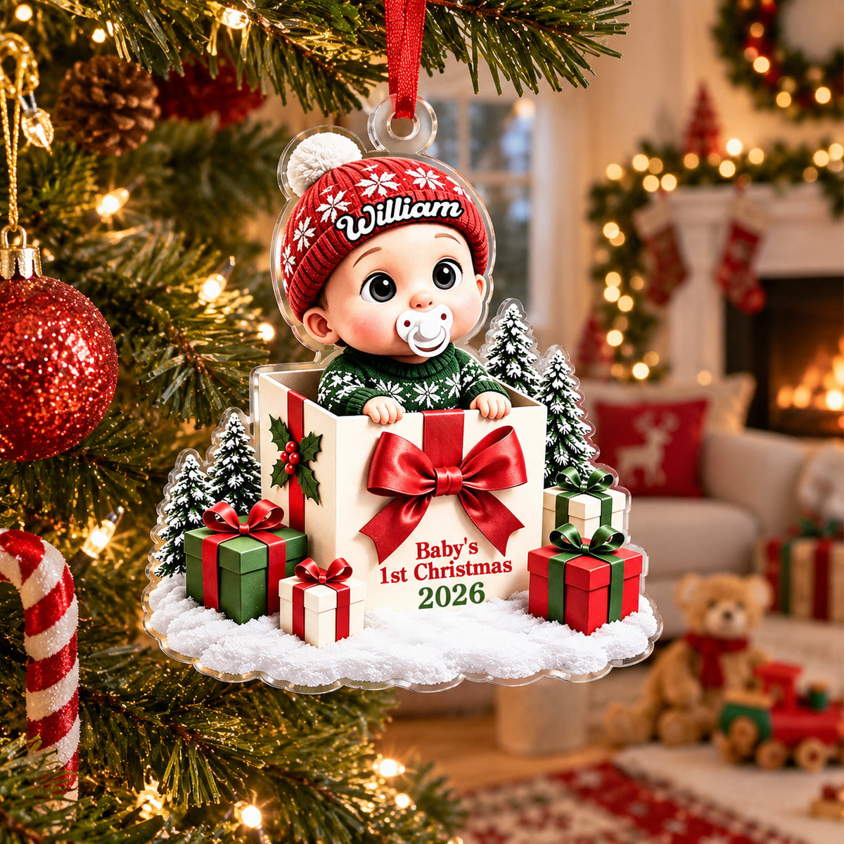 Baby Inside Gift Box Acrylic Ornament - Personalized Baby's First Christmas Ornaments