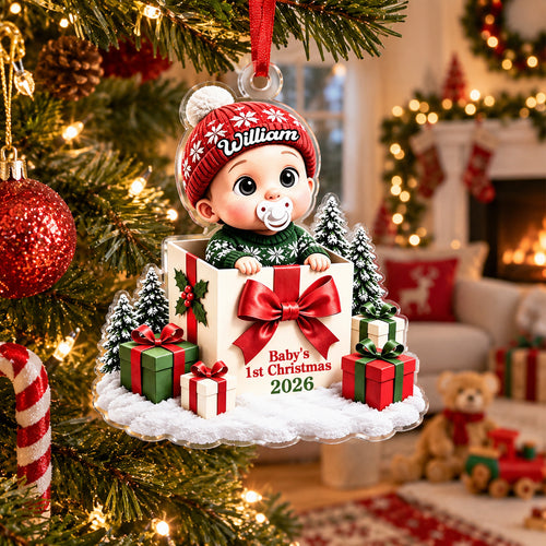 Baby Inside Gift Box Acrylic Ornament - Personalized Baby's First Christmas Ornaments