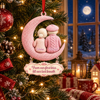 Growing Old Together Couple On Moon Wooden Ornament - Personalized Ornaments