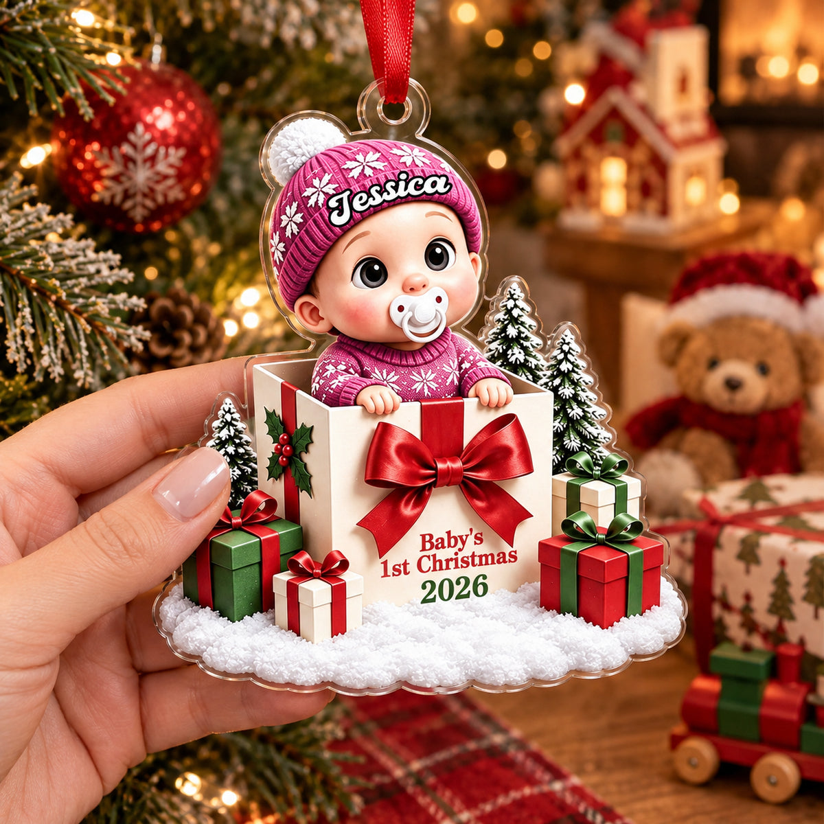 Baby Inside Gift Box Acrylic Ornament - Personalized Baby's First Christmas Ornaments