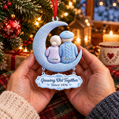 Growing Old Together Couple On Moon Wooden Ornament - Personalized Ornaments