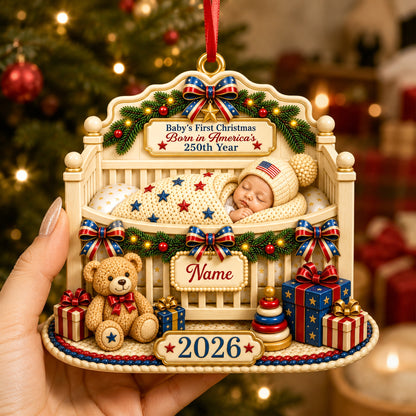 Custom First Christmas 3D Ornament - Personalized America 250th Anniversary Christmas Gifts For New Moms, New Dads, New Parents - Wrapped In Love And Freedom