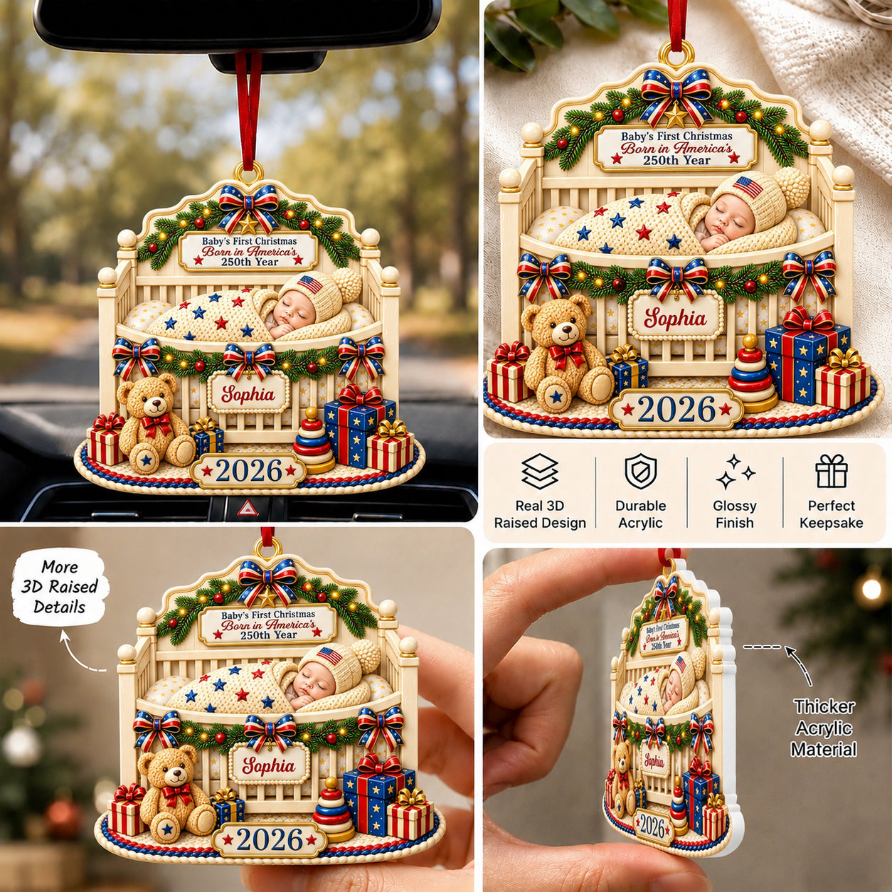 Custom First Christmas 3D Ornament - Personalized America 250th Anniversary Christmas Gifts For New Moms, New Dads, New Parents - Wrapped In Love And Freedom