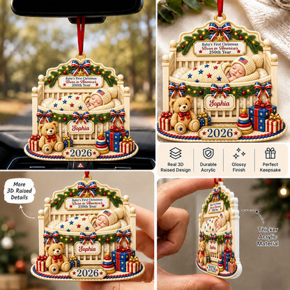 Custom First Christmas 3D Ornament - Personalized America 250th Anniversary Christmas Gifts For New Moms, New Dads, New Parents - Wrapped In Love And Freedom