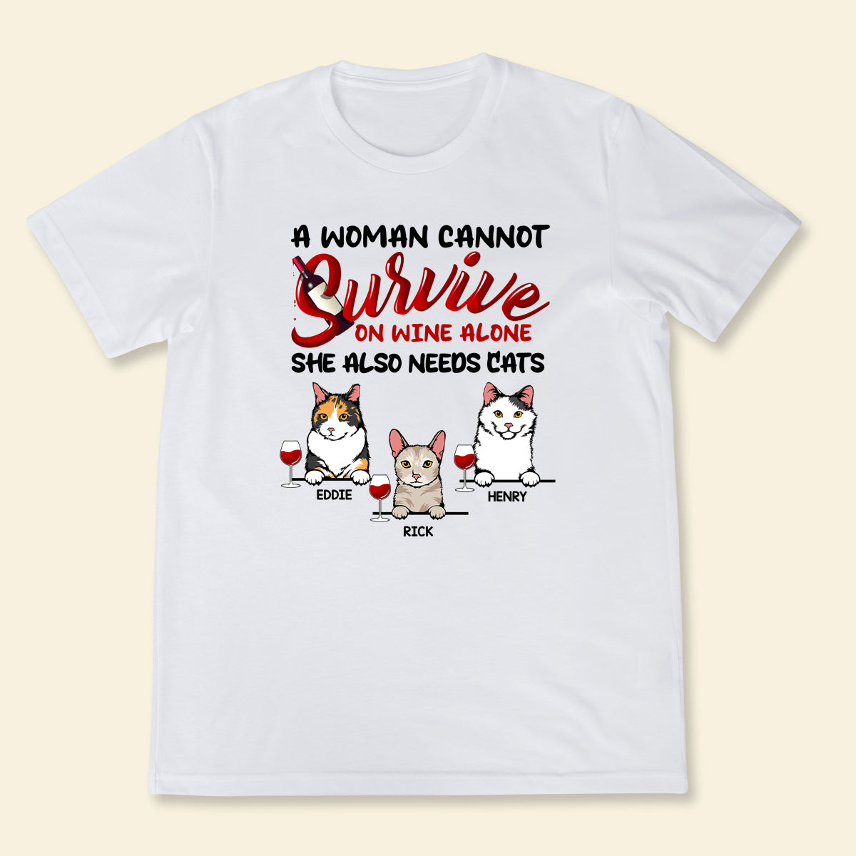 A Woman Cannot Survive On Wine Alone - Personalized Apparel - Gift For Cat Lovers, Gift For Her Bannertshirt_e0f6e7f6-3495-46f2-9e21-6da31281a47d.jpg