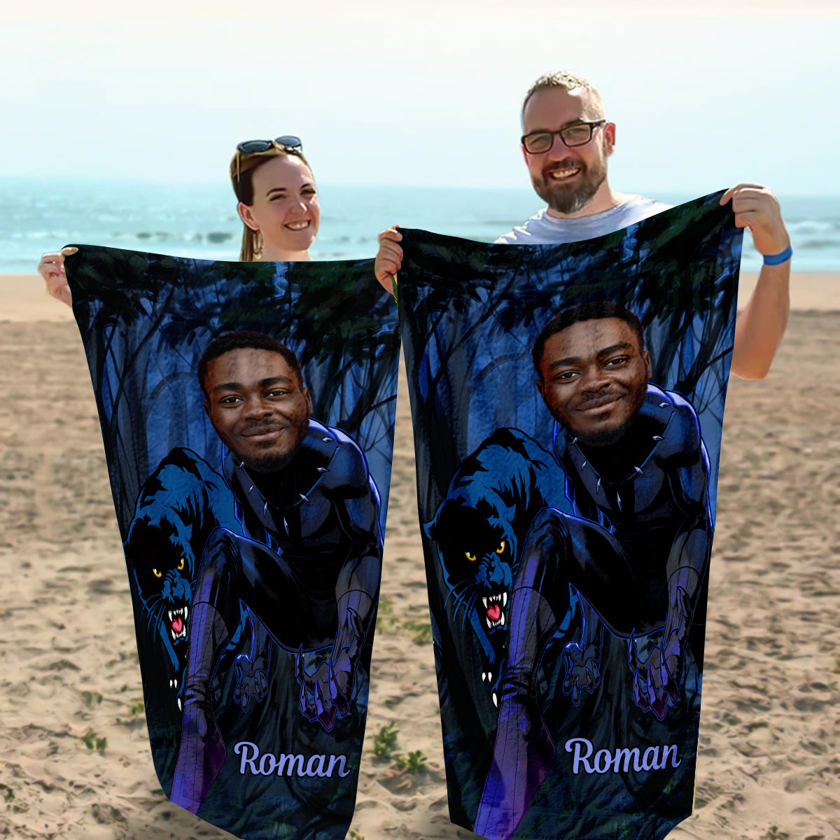 Custom Face Black Panther - Personalized Beach Towel - Gift For Father, Dad, Father's Day CUSTOM_1.jpg