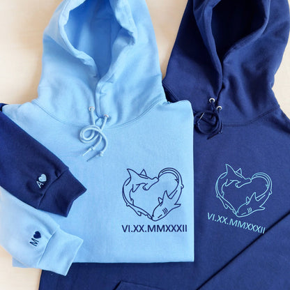 Custom Embroidered Shark Love Roman Numeral Matching Hoodies - Sweatshirt - Tshirt for Couples