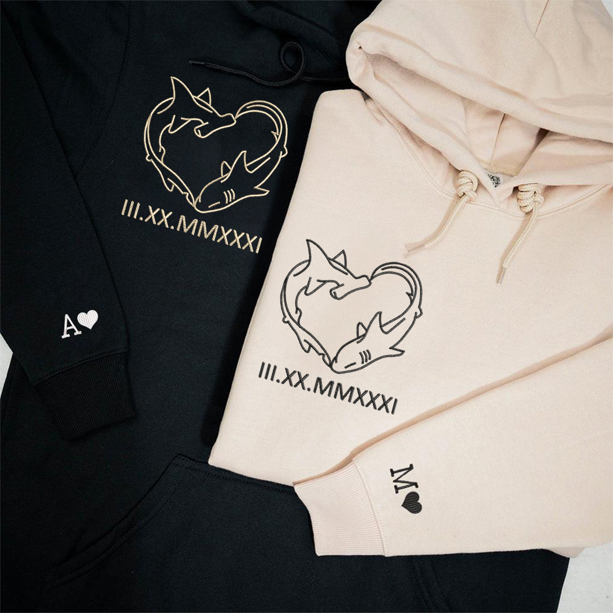 Custom Embroidered Shark Love Roman Numeral Matching Hoodies - Sweatshirt - Tshirt for Couples