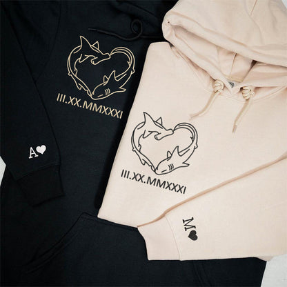 Custom Embroidered Shark Love Roman Numeral Matching Hoodies - Sweatshirt - Tshirt for Couples