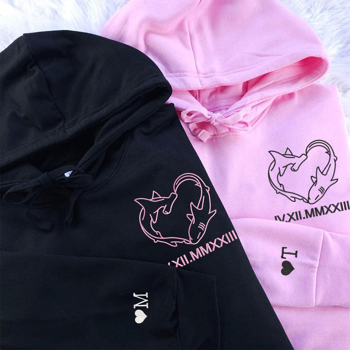 Custom Embroidered Shark Love Roman Numeral Matching Hoodies - Sweatshirt - Tshirt for Couples
