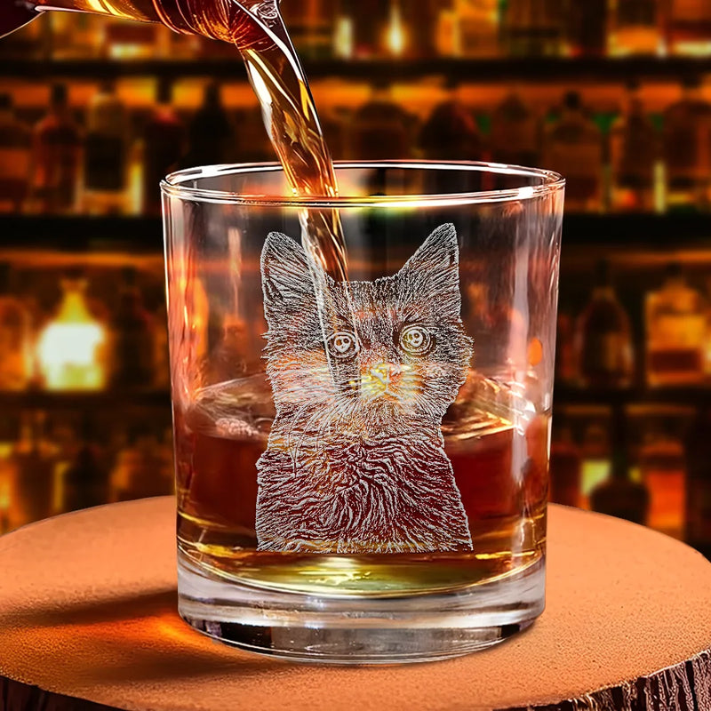 Custom Photo Pencil Drawing Dog Cat Portrait - Personalized Engraved Whiskey Glass