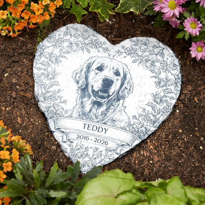 Custom Photo Pencil Sketch Forever Loved Dog Cat Portrait - Personalized Heart Memorial Garden Stone