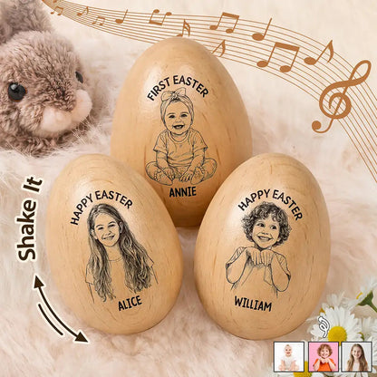 Custom Photo Pencil Sketch Happy Kids Easter - Personalized Wooden Easter Egg