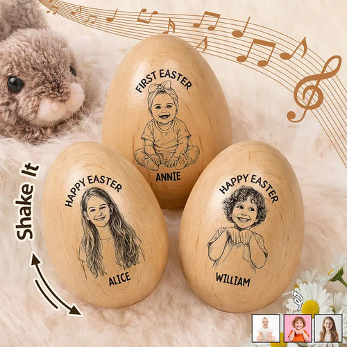 Custom Photo Pencil Sketch Happy Kids Easter - Personalized Wooden Easter Egg