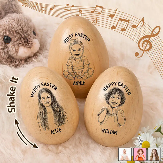 Custom Photo Pencil Sketch Happy Kids Easter - Personalized Wooden Easter Egg