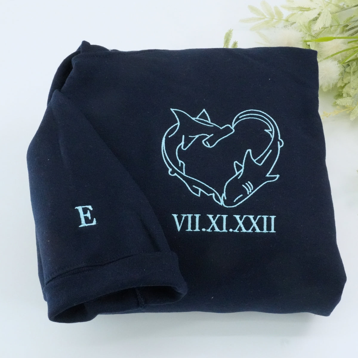 Custom Embroidered Shark Love Roman Numeral Matching Hoodies - Sweatshirt - Tshirt for Couples