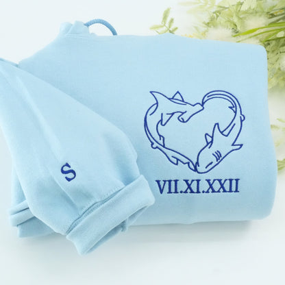 Custom Embroidered Shark Love Roman Numeral Matching Hoodies - Sweatshirt - Tshirt for Couples
