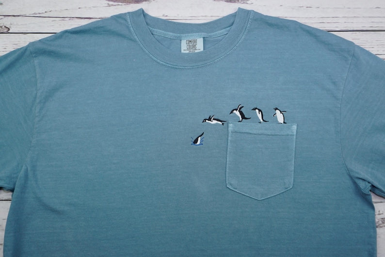Embroidered Penguin Pocket Tee, Comfort Colors Vintage Style Garment-Dyed T-Shirt, Unisex Adult