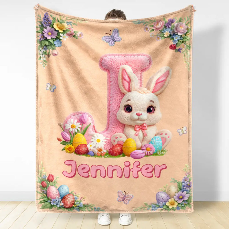 Faux Embroidery Effect Chenille Bunny Alphabet Letters - Personalized Fleece Blanket, Sherpa Blanket