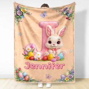 Faux Embroidery Effect Chenille Bunny Alphabet Letters - Personalized Fleece Blanket, Sherpa Blanket