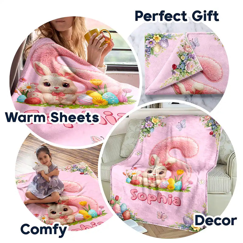 Faux Embroidery Effect Chenille Bunny Alphabet Letters - Personalized Fleece Blanket, Sherpa Blanket