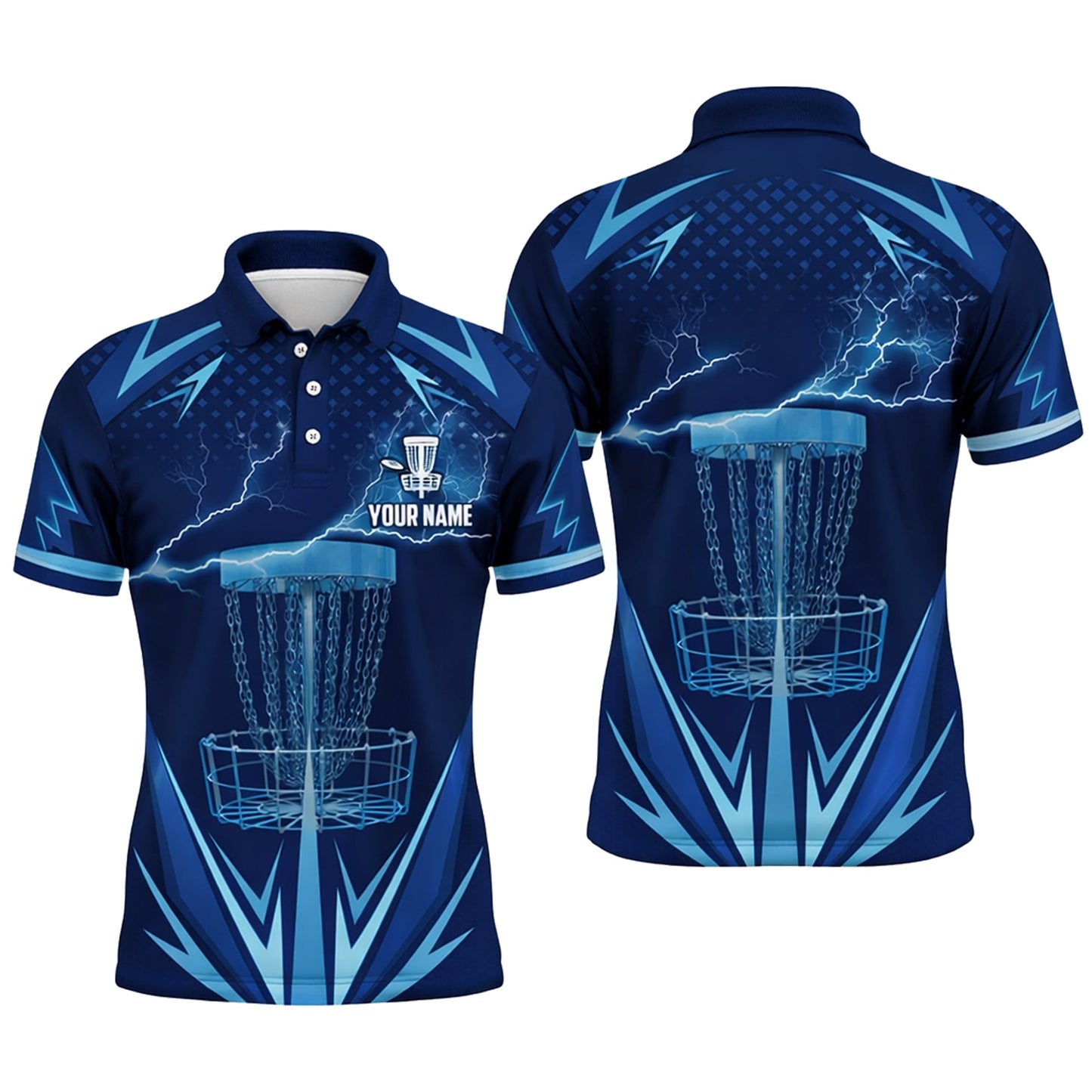 Disc Golf Polo Shirt Personalized Name Performance Blue Lightning Disc Golf Basket Shirt Unisex GIA26031903_1.jpg