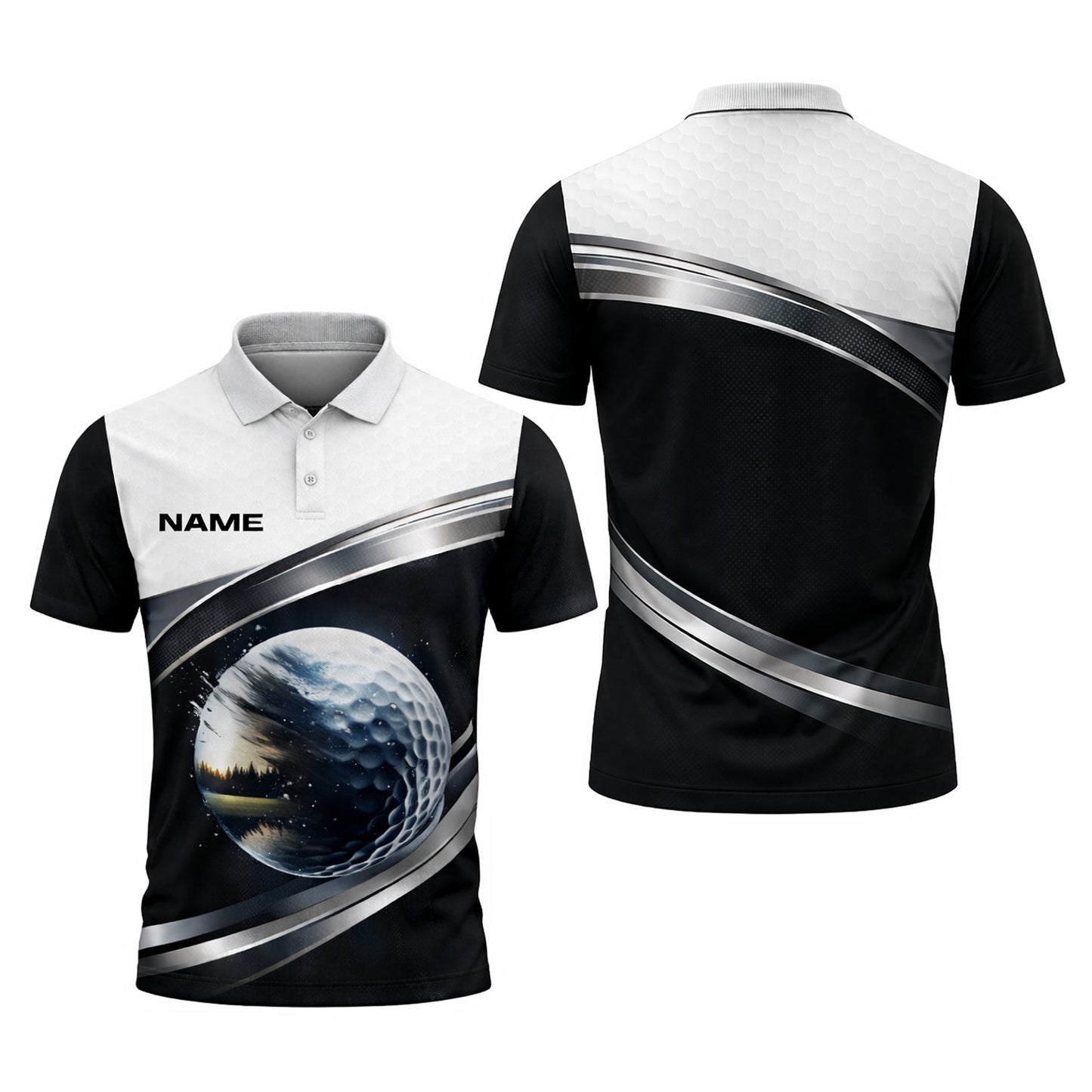 Custom Golf Polo Shirt 3D Golf Ball Black White Performance Polo Personalized Name Shirt GIA26032301_1.jpg