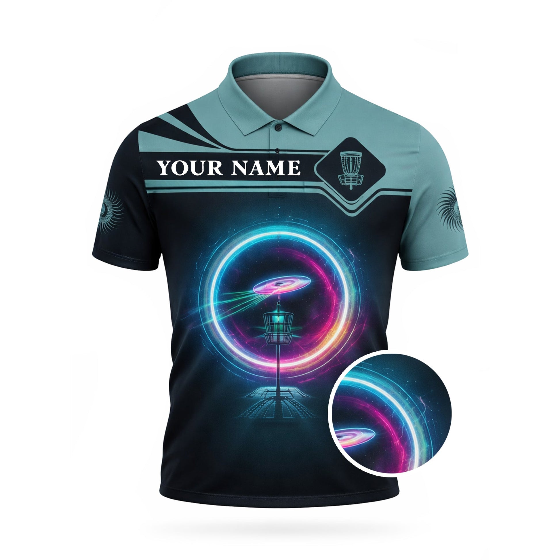 Custom Name Disc Golf Polo Shirt Neon Ring Basket Graphic Performance Polo Unisex GIA26032305_2.jpg