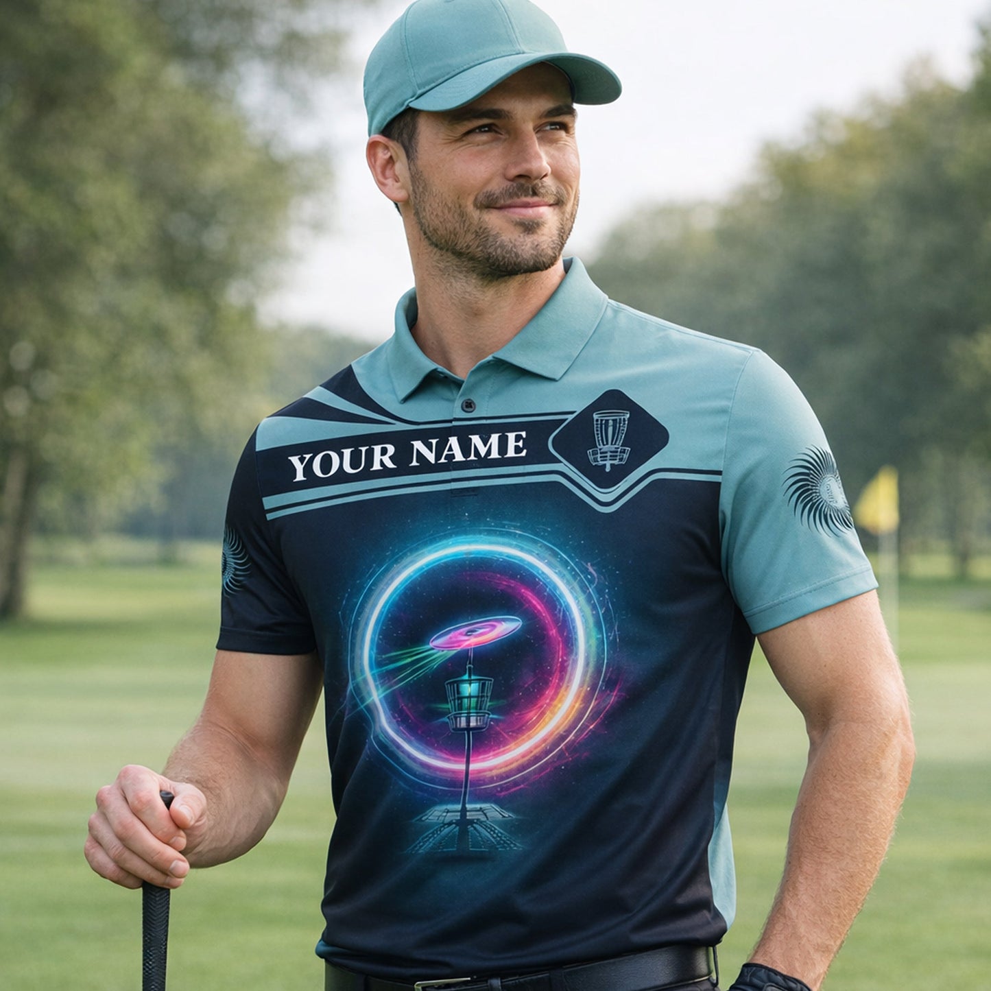 Custom Name Disc Golf Polo Shirt Neon Ring Basket Graphic Performance Polo Unisex GIA26032305_5.jpg
