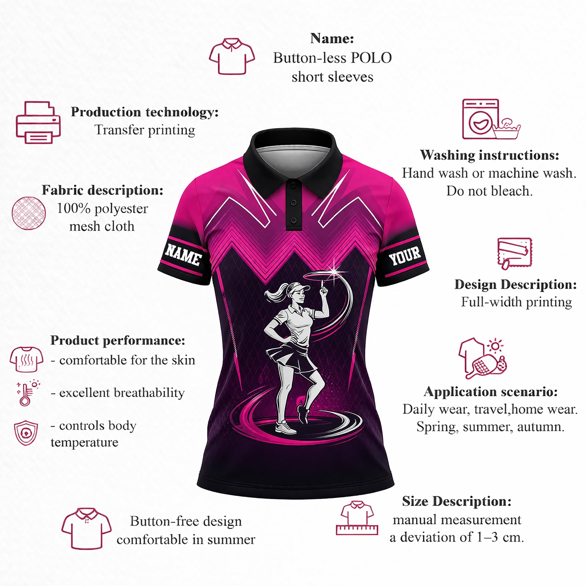 Women Pickleball Polo Shirt Custom Name Pink Black Sport Performance Polo Skirt Outfit Style