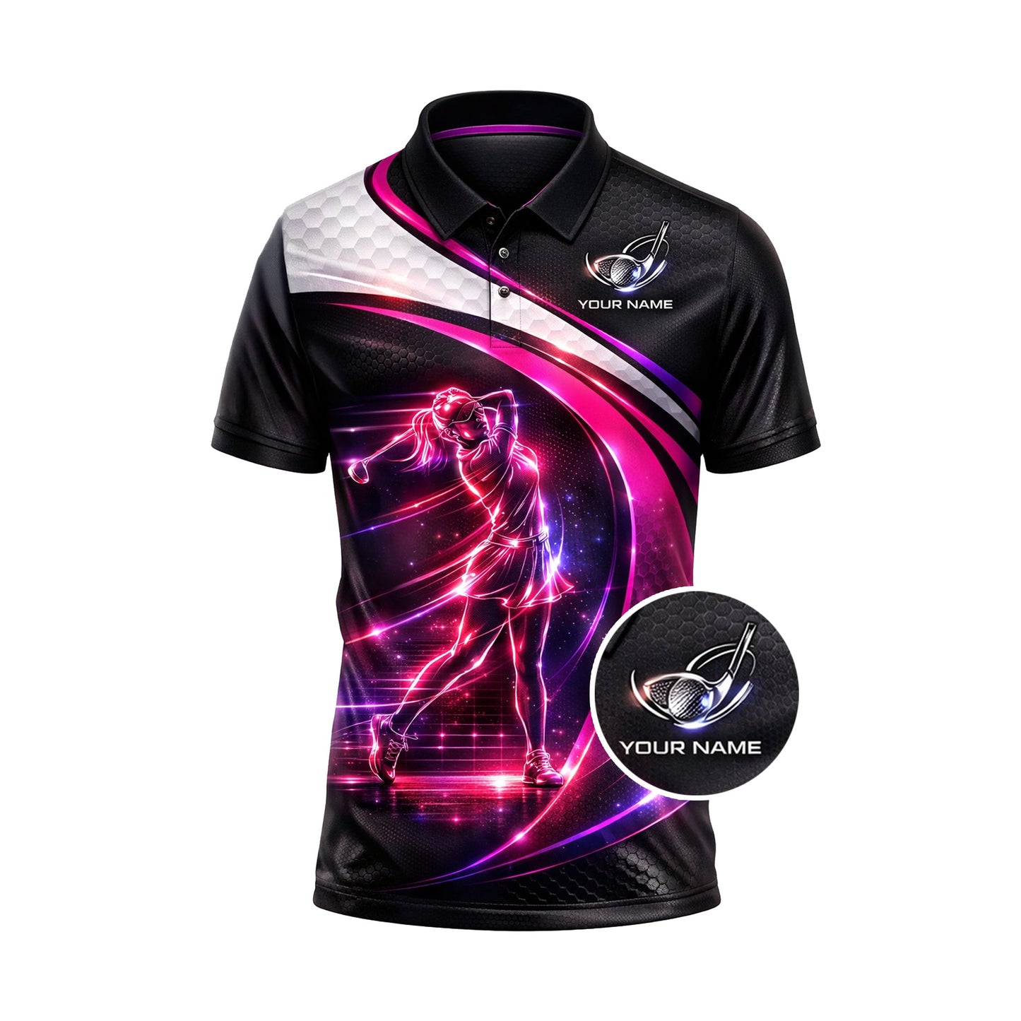 Women Golf Polo Shirt Personalized Name Neon Golf Player Performance Polo Pink Black Gradient GIA26032402_2.jpg