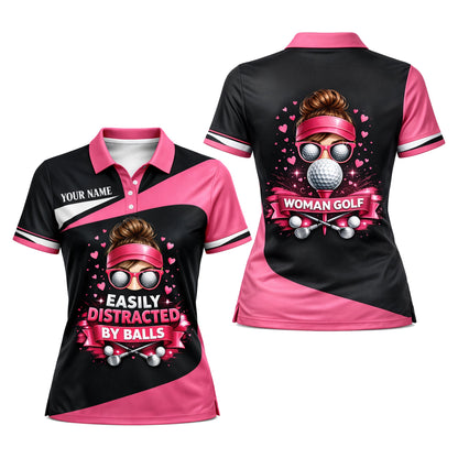 Women Golf Polo Shirt Funny Easily Distracted By Balls Custom Name Performance Pink Black Golf Shirt GIA26033004_1.jpg