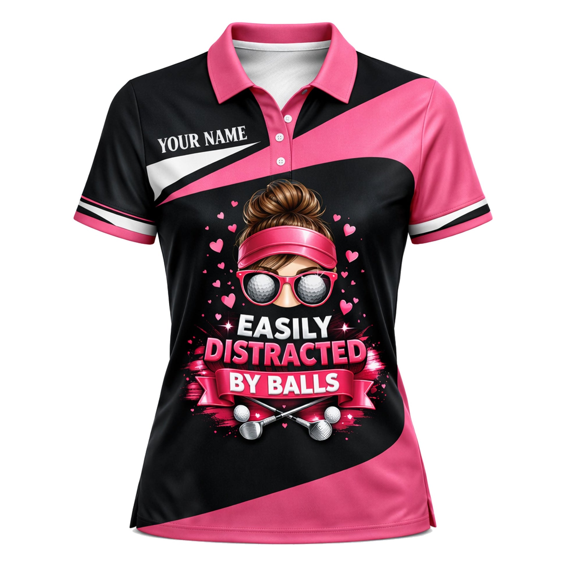 Women Golf Polo Shirt Funny Easily Distracted By Balls Custom Name Performance Pink Black Golf Shirt GIA26033004_2.jpg