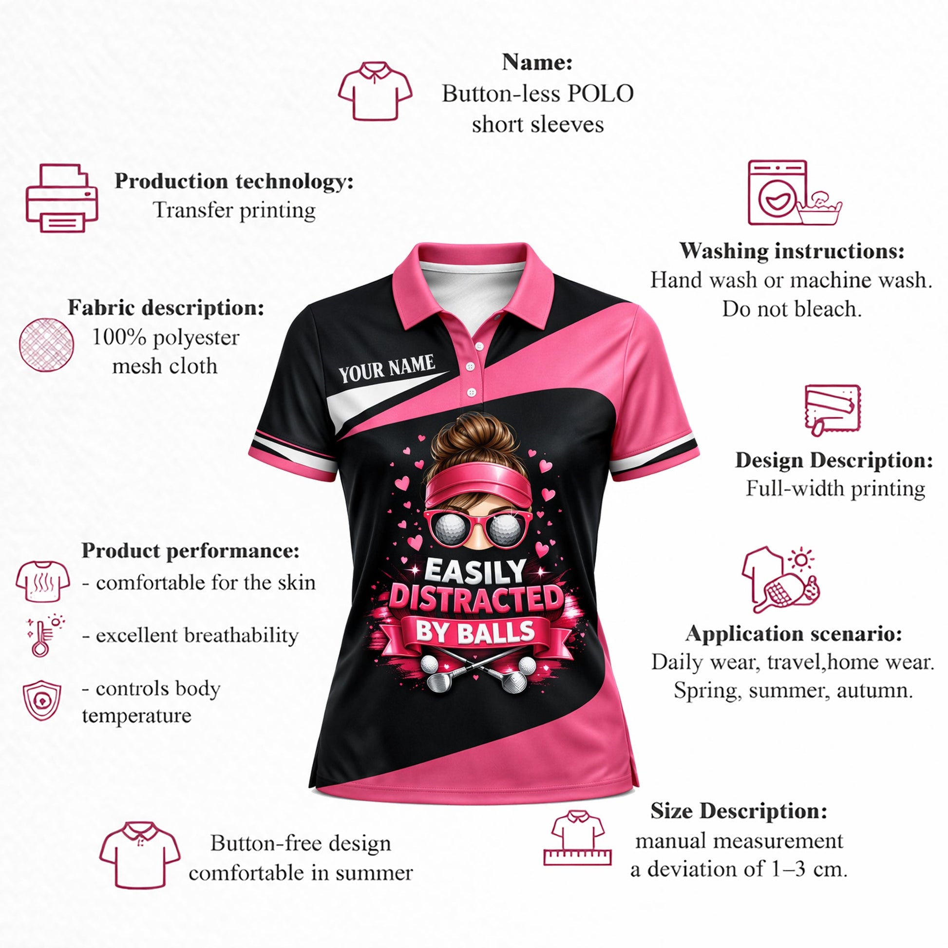 Women Golf Polo Shirt Funny Easily Distracted By Balls Custom Name Performance Pink Black Golf Shirt GIA26033004_4.jpg