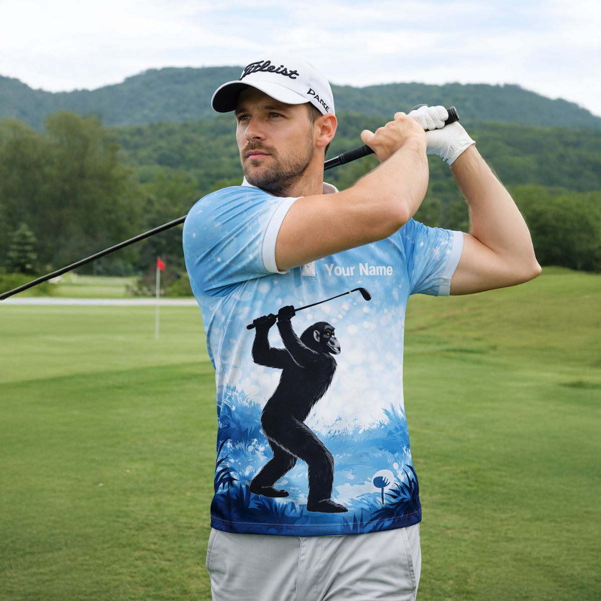 Funny Bigfoot Golf Polo Shirt Custom Name Not All Who Wander Are Lost Golfer Gift Blue Performance Polo GIA26033103_5.jpg