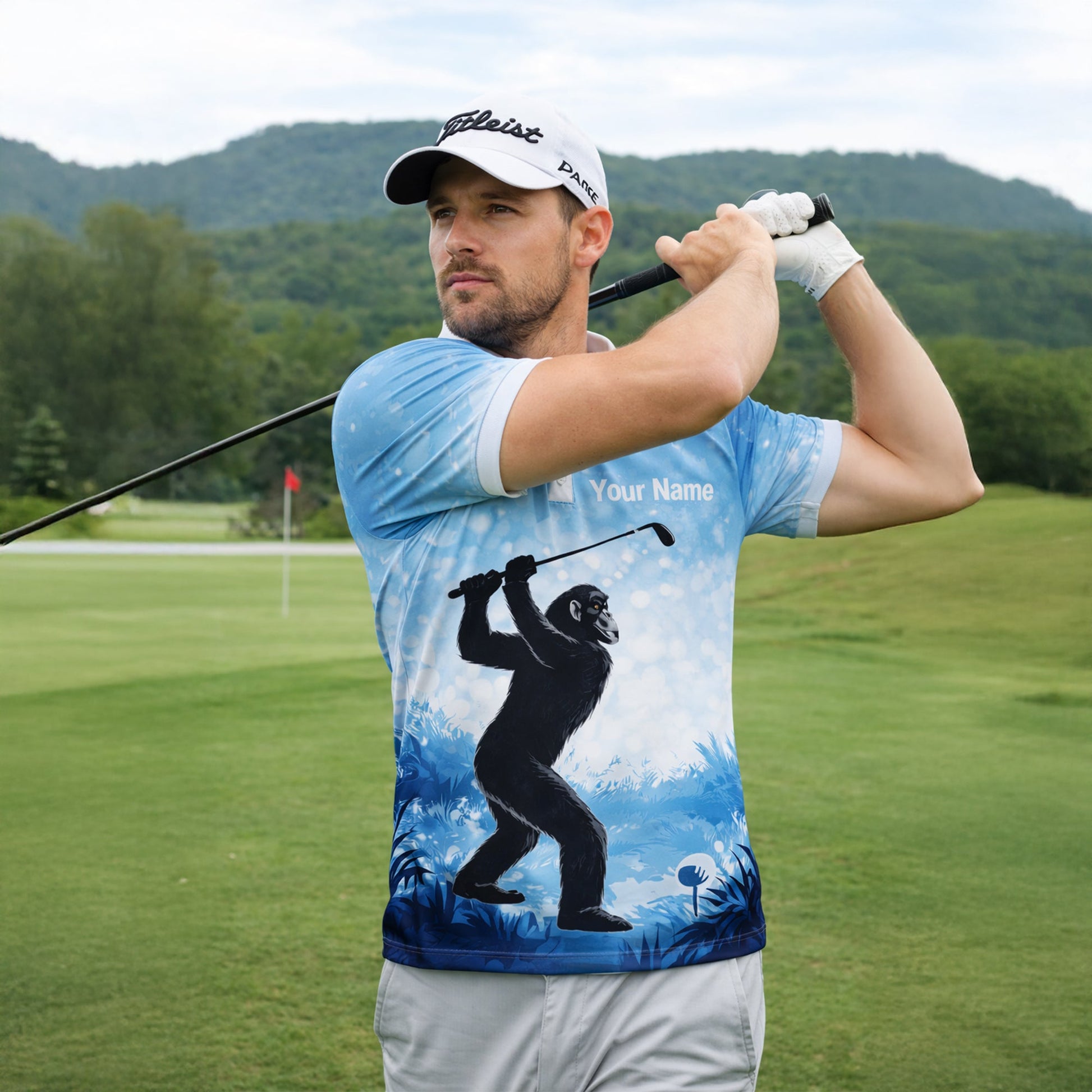 Funny Bigfoot Golf Polo Shirt Custom Name Not All Who Wander Are Lost Golfer Gift Blue Performance Polo GIA26033103_5.jpg
