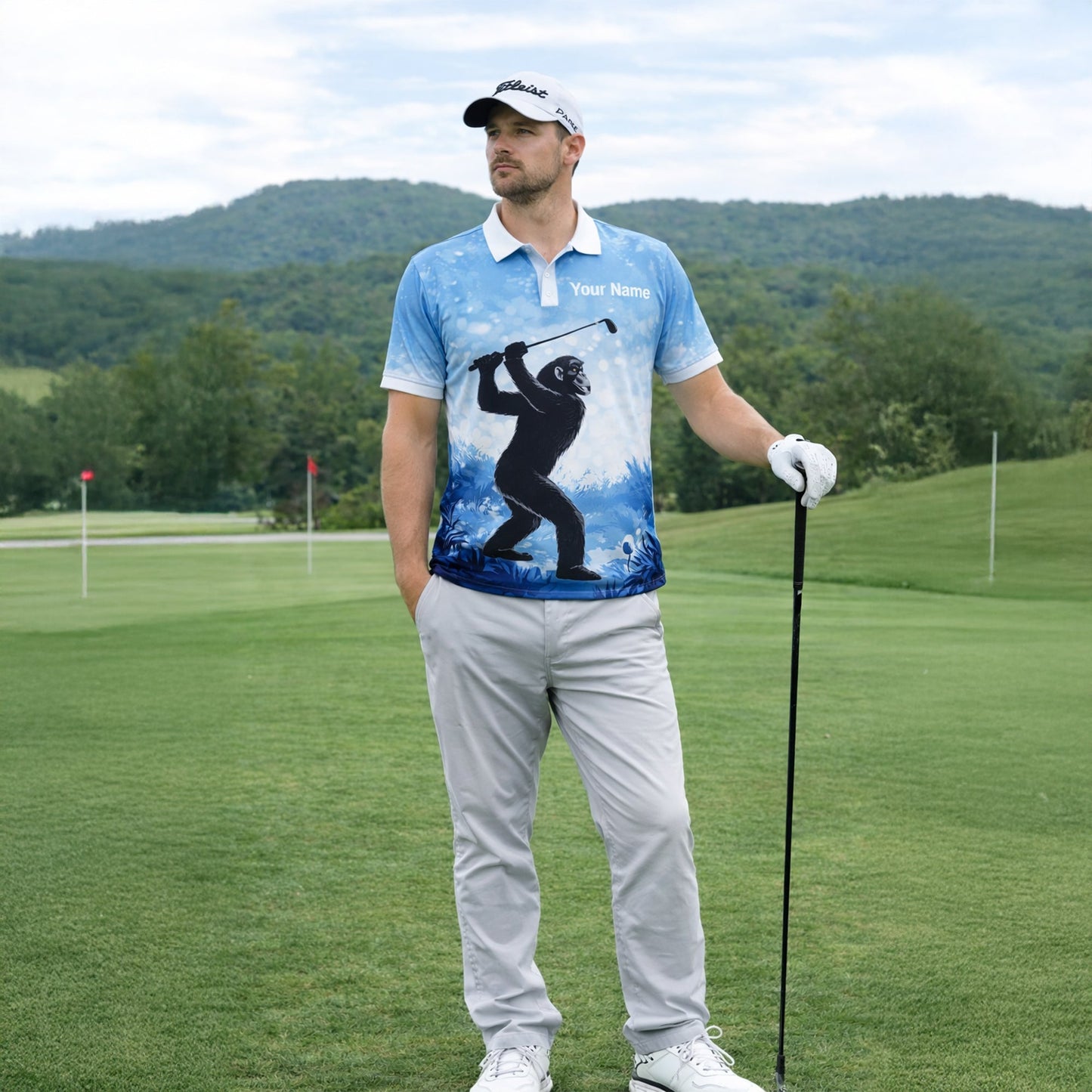 Funny Bigfoot Golf Polo Shirt Custom Name Not All Who Wander Are Lost Golfer Gift Blue Performance Polo GIA26033103_6.jpg